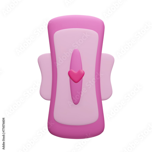 3D menstrual pad isolated on white. Intimate hygiene, women's healthcare. Pink 3d sanitary napkin towel, absorbing tampon pad with cute lovely heart cartoon style render vector illustration.