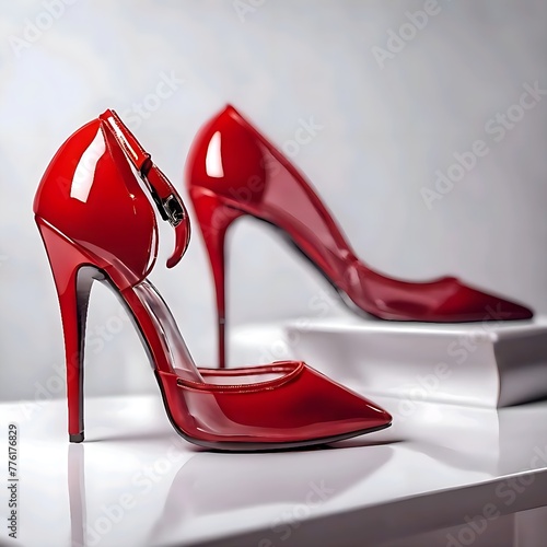 Elegant Red High Heels with Bows Paired with a Beautiful Red Rose in a White Vase photo