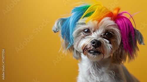 Dog in a bright wig on yellow background