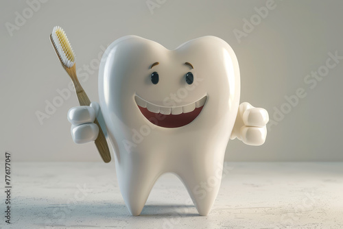 An adorable tooth character holding a bamboo toothbrush, promoting oral hygiene with a big, engaging smile..