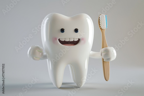 An adorable tooth character holding a bamboo toothbrush, promoting oral hygiene with a big, engaging smile..