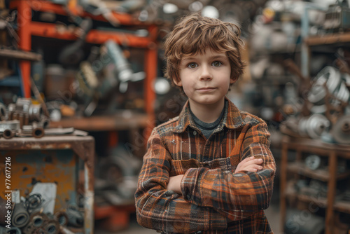 A confident young boy stands with crossed arms in a workshop, a backdrop of assorted mechanical parts highlighting his interest in mechanics.