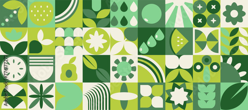 Green eco friendly symbol geometric seamless pattern with nature abstract shapes. Fresh organic concept background print