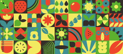 Geometric art deco bauhaus natural pattern. Abstract fruit leaf plant simple shape, minimal floral eco agriculture concept