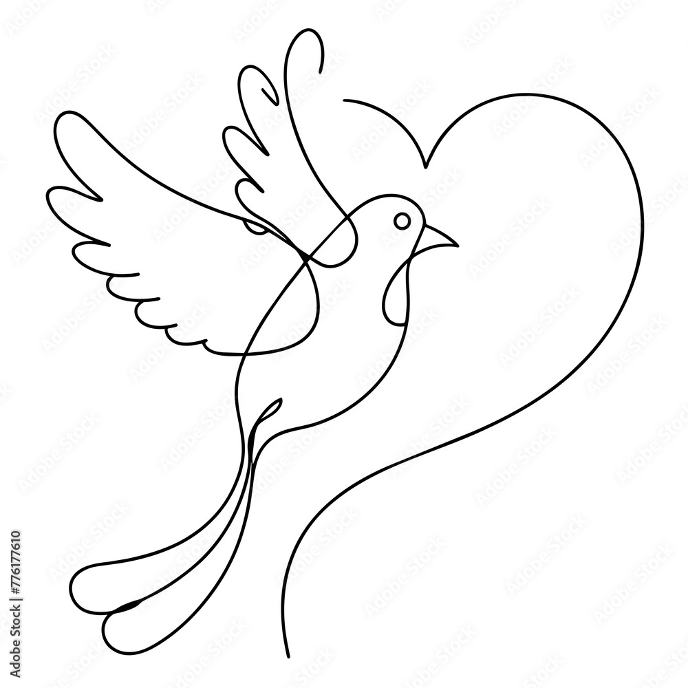 Flying dove with heart shape continuous one line drawing Flying dove with heart shape continuous one line drawing