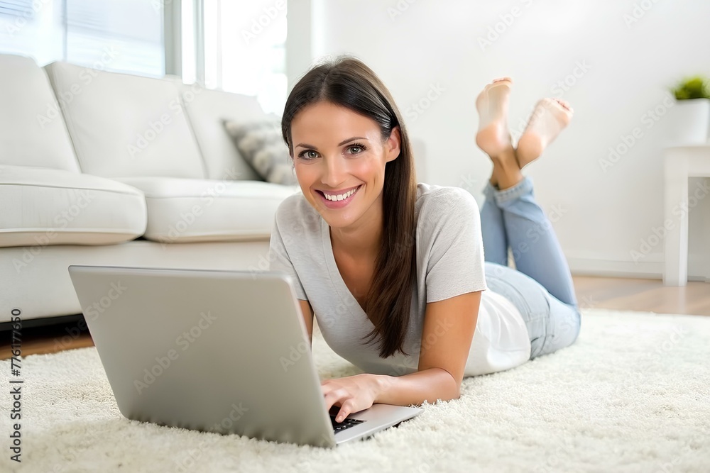 Happy woman using laptop while lying on floor in living room Happy woman using laptop while lying on floor in living room