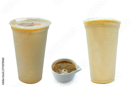 Panoramic still life of ice cream slush frozen colorful frozen fruit granita drinks flowing into takeaway plastic cups with ice cream straws flavor photo