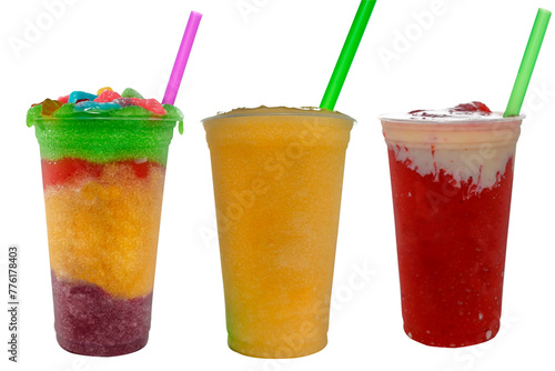 Panoramic still life of ice cream slush frozen colorful frozen fruit granita drinks flowing into takeaway plastic cups with ice cream straws flavor photo
