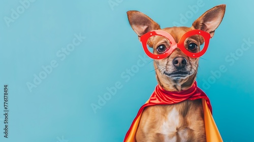 Dog wearing superhero costume on blue background © Rosie