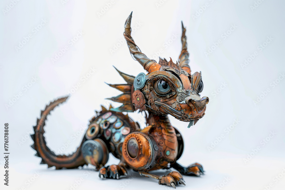 Obraz premium A creatively crafted dragon sculpture made from metal parts, isolated on a white background.