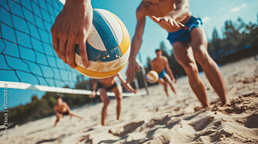 Volleyball player holding ball, close-up of hands and ball. Beach volleyball, summer vacation, active lifestyle - obrazy, fototapety, plakaty 