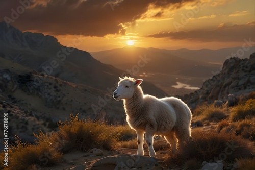A sheep is perched atop a field blanketed in grass surrounded by mountains. This picture can be used to show agricultural, rural landscapes, or sights from nature.
 photo