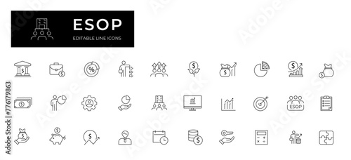 Employee Stock Ownership Plan Line Editable Icons set. Vector illustration in modern thin line style of business related icons: company, shares, benefits and pension savings. 