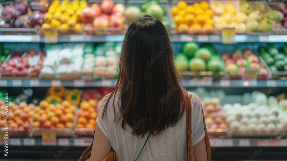 A female shopper in a grocery store shopping for food.