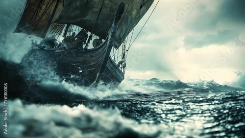 Viking longboat sailing on stormy seas photo