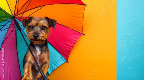 Entertaining adorable canine with colorful umbrella on colored background