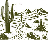 cacti in the desert stretching to the horizon with mountains vector stencil drawing
