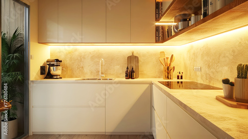 Modern kitchen space with warm lighting highlighting the elegant design and minimalist decor  kitchen backsplash  empty countertop in the interior. Stage showcase template for promotional items