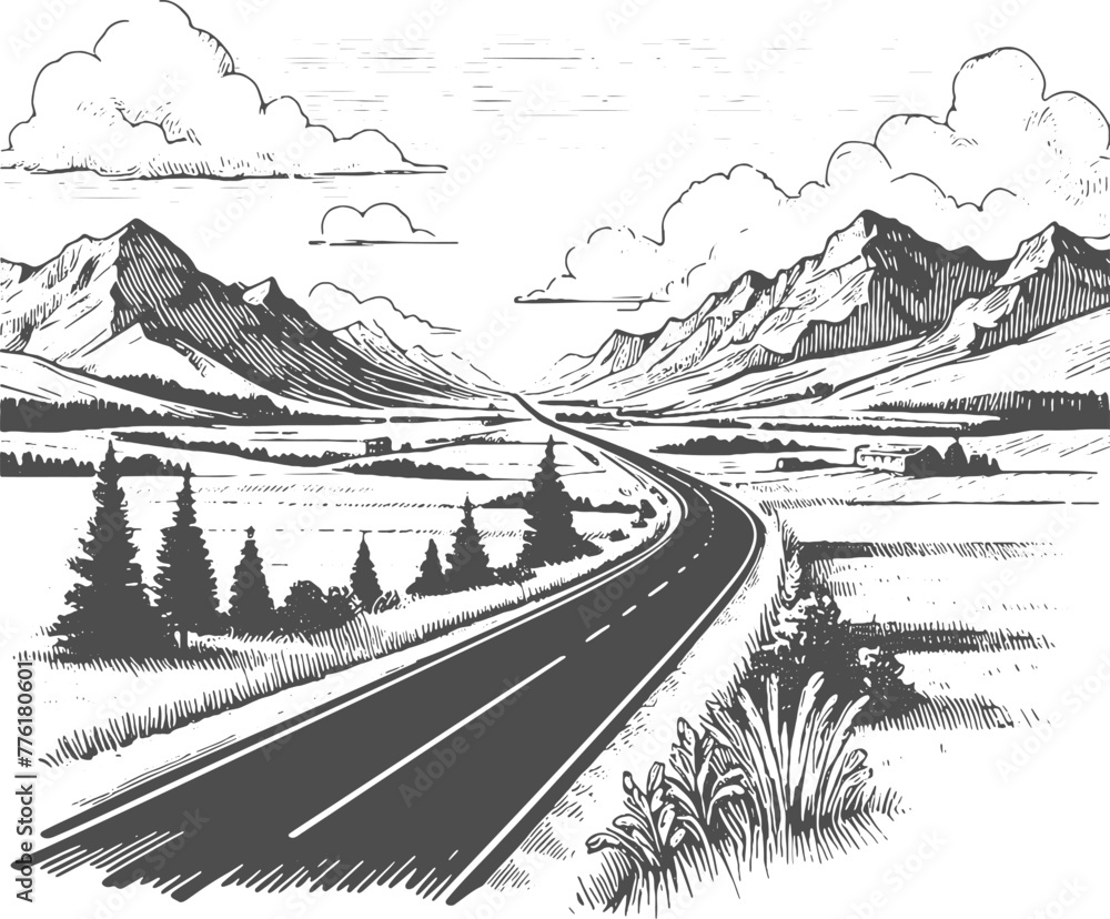 car empty road going in the valley between the mountains to the horizon in a vector monochrome drawing