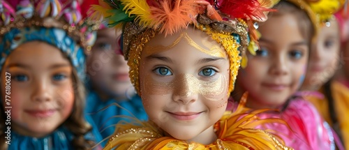 Children in colorful costumes celebrate Purim with singing and dancing at a Mardi Gras masquerade party. Concept Culture & Tradition, Festive Costumes, Celebration Activities, Masquerade Party