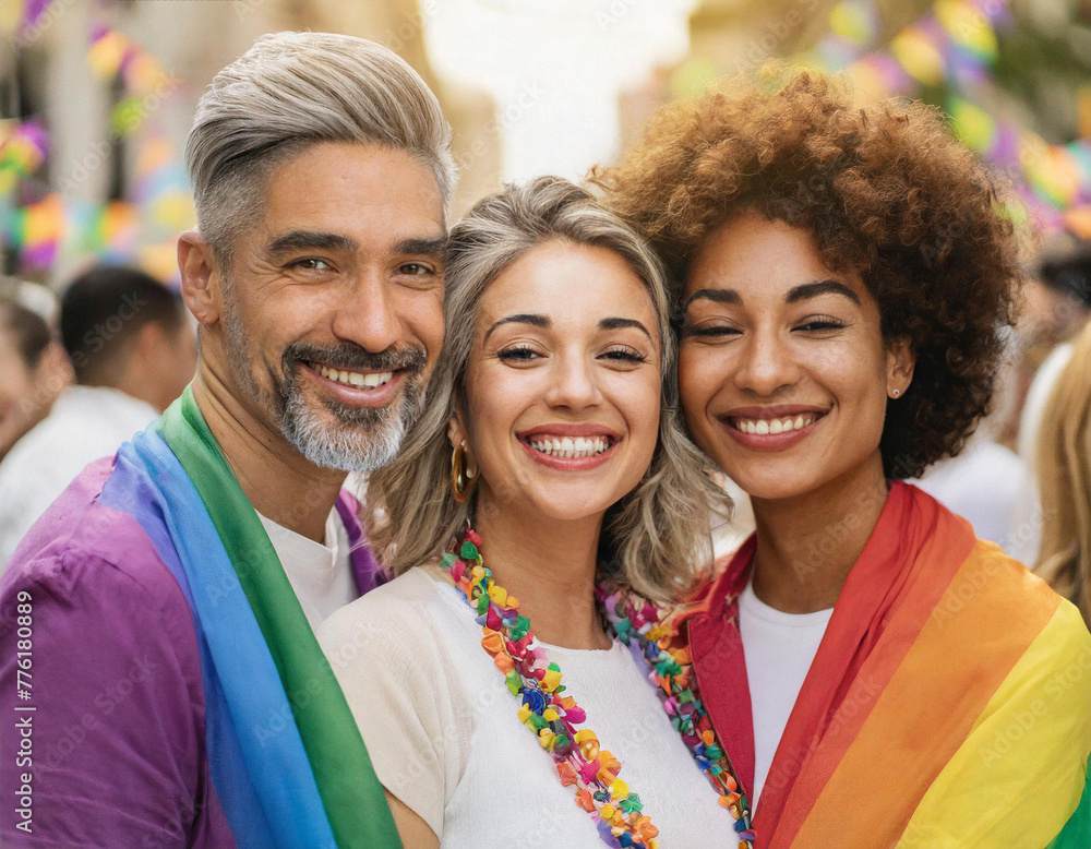 A female couple and a friend celebrate diversity at an LGBTI+ march, promoting equality amidst cultural differences. A female couple and a friend celebrate diversity at an LGBTI+ march, promoting equality amidst cultural differences.