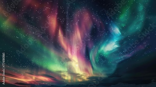 A breathtaking view of the aurora borealis dancing across the night sky  painting streaks of green  pink  and orange against the backdrop of stars.