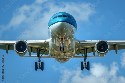 Large Jetliner Flying Through Blue Cloudy Sky