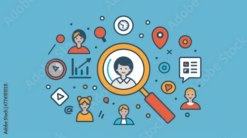 HRM or Human Resource Management, Customer Focus, a magnifying glass focusing on a customer icon, emphasizing customer-centric business strategies