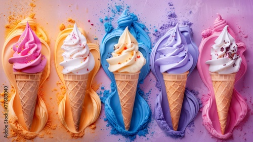 Set of different delicious pastel soft serve ice creams in crispy cones on pastel color backgrounds
