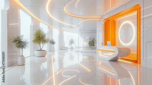 A futuristic office showcasing the latest in innovation and technology, sci-fi tone, white color, orange palette, minimal sci-fi look, hi-tech lighting