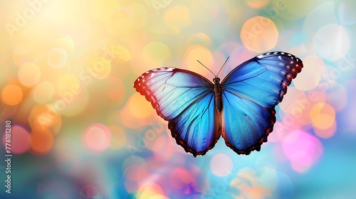 flying blue butterfly on colored background
