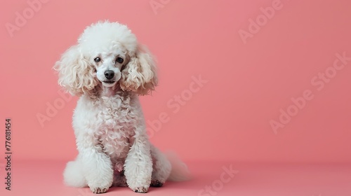 Full length portrait of a furry poodle at the pink background