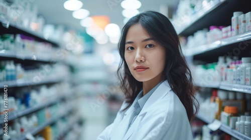 Portrait of an asian female smiling pharmacist in a drug store