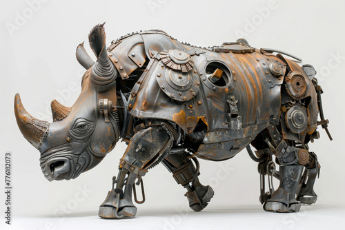 A creatively crafted rhinoceros sculpture made from metal parts  isolated on a white background.