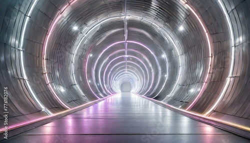 abstract tunnel of light, wallpaper texted cyberpunk style neon bright tunnel road pathway, with circular neon lights