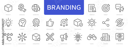 Branding thin line icons set. Brand, marketing, product, positioning icon. Vector