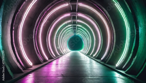 abstract tunnel of light, wallpaper texted cyberpunk style neon bright tunnel road pathway, with circular neon lights