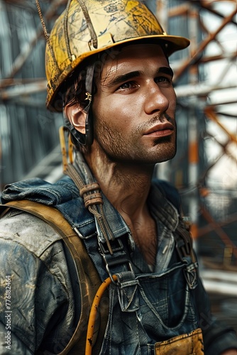 Construction worker at construction site. Close-up. Building with precision and skill.