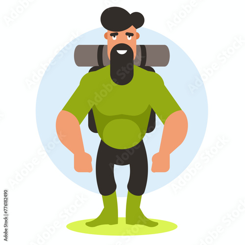 Traveler with a big beard with a backpack in green boots. Vector graphics