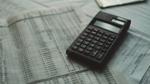 A calculator and pen rest on a financial document with numbers.