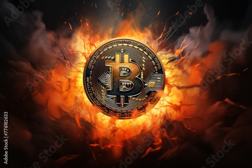 Burning in flames and decreasing bitcoin cryptocurrency. Generative AI.