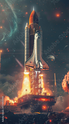 A tall space rocket takes off from launch pad amidst a spectacular cloud of smoke and fire against blue sky. Concept exploring the galaxy, international day of cosmonautics and human space flight