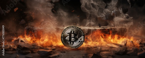 Burning in flames and decreasing bitcoin cryptocurrency, banner. Generative AI.