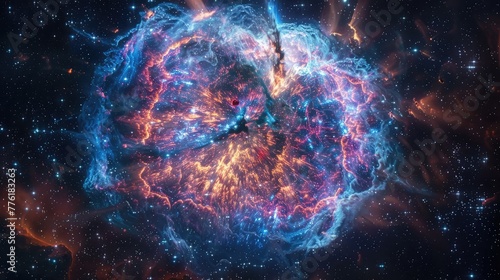 A close-up of a vibrant supernova remnant, where the remnants of an exploded star create a tapestry of brilliant colors against the darkness of space.
