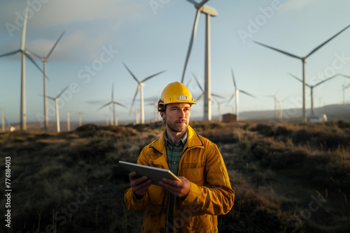 Young engineer looking and checking wind turbines at field using digital tablet. Generative AI. 