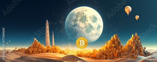 Bitcoin financial market is increasing to the moon like rocket, banner. Generative AI.