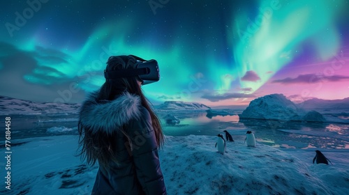 A female is in a virtual fantasy world with beautiful aurora when wearing VR headset. © rabbit75_fot