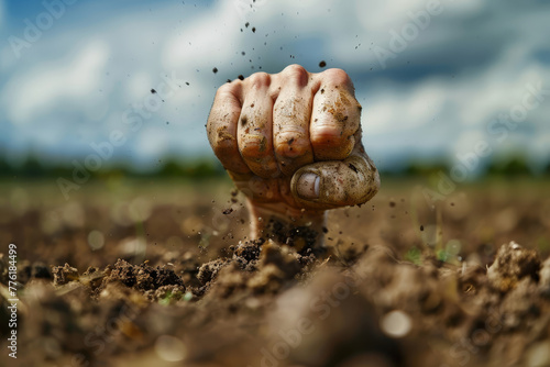 Human Hand Emerging from Cracked Earth.