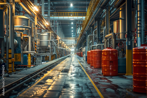 Industrial Facility Corridor with Machinery and Barrels.