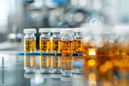 Progress in biotech medication, scientists examining molecular advancements, lab equipment.